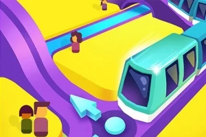 Färgglad illustration av ett futuristiskt tåg som rör sig genom en station med stiliserade figurer och pilar
