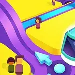 Färgglad illustration av ett futuristiskt tåg som rör sig genom en station med stiliserade figurer och pilar