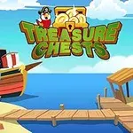 Piratskepp vid en brygga på en tropisk ö med en skattkista och palmer i bakgrunden