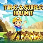 En tecknad person i hjälm står framför en hög med guld i ett landskap, med texten Treasure Hunt ovanför