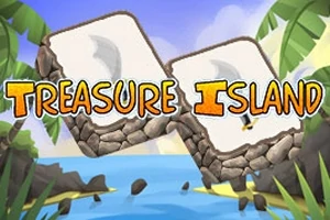 Två stenar med inskriptionen Treasure Island omgivna av palmer vid en strand med blå himmel