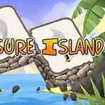Två stenar med inskriptionen Treasure Island omgivna av palmer vid en strand med blå himmel