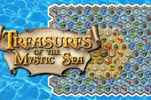 En bild med ett hexagonmönster med olika ikoner under en banner med texten Treasures of the Mystic Sea mot en bakgrund av vatten