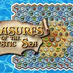 En bild med ett hexagonmönster med olika ikoner under en banner med texten Treasures of the Mystic Sea mot en bakgrund av vatten