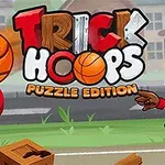 Tecknad bild av en basketspelare som kastar en basketboll mot en korg med texten Trick Hoops Puzzle Edition i bakgrunden