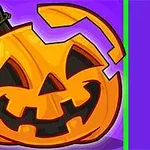 Tecknad orange jack-o-lantern med ett trasigt lock, på en lila bakgrund