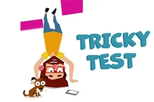 En tecknad karaktär med glasögon gör en handstående bredvid en hund med en mobiltelefon på golvet och texten TRICKY TEST i bakgrunden