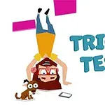 En tecknad karaktär med glasögon gör en handstående bredvid en hund med en mobiltelefon på golvet och texten TRICKY TEST i bakgrunden