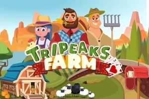 Tecknad bild av tre lantbrukare framför ett landskap med ladugård, får och en brevlåda, samt texten TRIPEAKS FARM