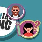 Tecknad bild med två stiliserade ansikten och texten Trivia King på en blå bakgrund