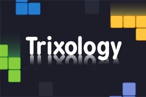 Texten Trixology centreras mot en mörk bakgrund med färgglada, kvadratiska block i blått, grönt och gult runt omkring
