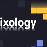 Texten Trixology centreras mot en mörk bakgrund med färgglada, kvadratiska block i blått, grönt och gult runt omkring