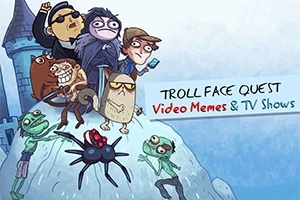 Tecknade karaktärer står tillsammans på ett berg, med texten Troll Face Quest Video Memes & TV Shows i bakgrunden