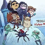 Tecknade karaktärer står tillsammans på ett berg, med texten Troll Face Quest Video Memes & TV Shows i bakgrunden