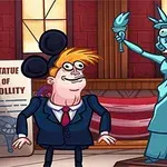 En humoristisk tecknad bild med en karikatyr av Frihetsgudinnan som ger tummen upp bredvid en man som håller en amerikansk flagga