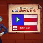 Tecknad figur med hög hatt och fluga står bredvid en spelmeny med texten USA Adventure och en spelstart-knapp