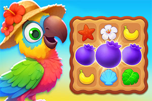 Tropical Match 2 En fÀrgglad papegoja med hatt visas bredvid ett spelbrÀde med olika frukter och blommor