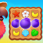 Tropical Match 2 En fÀrgglad papegoja med hatt visas bredvid ett spelbrÀde med olika frukter och blommor