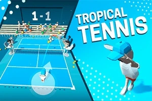 Illustration av en tennismatch med en poängtavla som visar 1-1, och texten Tropical Tennis på en blå bakgrund