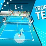 Illustration av en tennismatch med en poängtavla som visar 1-1, och texten Tropical Tennis på en blå bakgrund