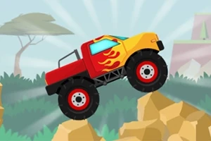 Tecknad röd och gul monstertruck med eldflammande grafik kör över bergig terräng i ett landskap med träd och buskar