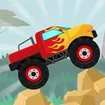 Tecknad röd och gul monstertruck med eldflammande grafik kör över bergig terräng i ett landskap med träd och buskar