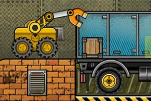 Truck Loader 4 En gul kranbil lastar en trÀlÄda pÄ ett lastbilsflak vid en industriell bakgrund