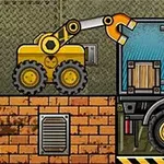 Truck Loader 4 En gul kranbil lastar en trÀlÄda pÄ ett lastbilsflak vid en industriell bakgrund