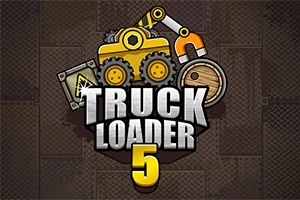 Tecknad bild av en gul byggmaskin med en magnetisk arm, en låda med en varningssymbol, ett träfat och titeln Truck Loader 5