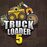 Tecknad bild av en gul byggmaskin med en magnetisk arm, en låda med en varningssymbol, ett träfat och titeln Truck Loader 5