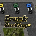 Tre lastbilar i olika färger parkerade på en asfalterad parkeringsplats omgiven av grönska, med text i förgrunden