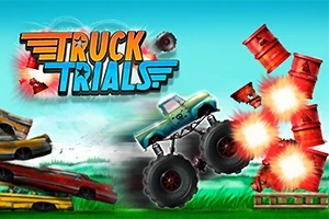 Ett monstertruck kör över hinder och krockar med röda tunnor som exploderar, mot en ljusblå bakgrund med texten Truck Trials ovanför
