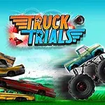 Ett monstertruck kör över hinder och krockar med röda tunnor som exploderar, mot en ljusblå bakgrund med texten Truck Trials ovanför