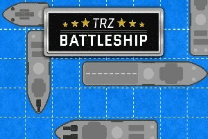 Grå fartyg på ett blått rutnät med en svart rektangulär skylt med texten TRZ Battleship och gula stjärnor