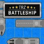 Grå fartyg på ett blått rutnät med en svart rektangulär skylt med texten TRZ Battleship och gula stjärnor