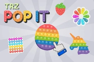 Flerfärgade pop it-leksaker i olika former, inklusive en cirkel, enhörning, jordgubbe och färghjul med en tecknad hand som trycker på en av dem