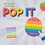 Flerfärgade pop it-leksaker i olika former, inklusive en cirkel, enhörning, jordgubbe och färghjul med en tecknad hand som trycker på en av dem