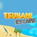 Strandscen med en stor våg, sol, palmer och texten Tsunami Escape
