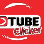 Röd bakgrund med orden TUBE Clicker i svart och vitt, samt en röd spelknappsymbol