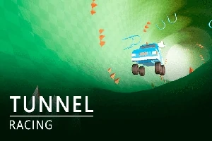 Blått fordon kör genom en grön tunnel med orange pilar och texten Tunnel Racing i nedre vänstra hörnet