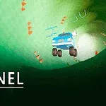 Blått fordon kör genom en grön tunnel med orange pilar och texten Tunnel Racing i nedre vänstra hörnet