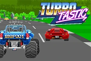 Två bilar på en väg i en pixelgrafikstil med texten Turbotastic ovanför