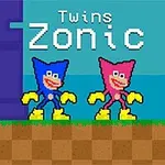 Två tecknade, färgglada figurer med gula skor står bredvid varandra på en pixelgrafikbakgrund, med texten Twins Zonic ovanför