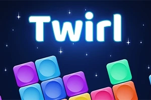 Texten Twirl i lysande bokstäver ovanför färgglada fyrkantiga block mot en mörk bakgrund med stjärnor