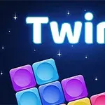 Texten Twirl i lysande bokstäver ovanför färgglada fyrkantiga block mot en mörk bakgrund med stjärnor