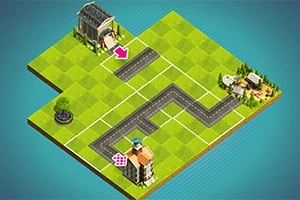 En isometrisk vy av en spelplan med grönskande gräsrutor, vägar, byggnader och träd