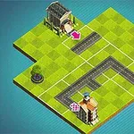 En isometrisk vy av en spelplan med grönskande gräsrutor, vägar, byggnader och träd