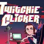 Tecknad karaktär som sitter vid ett skrivbord med en dator, kamera och mikrofon, med en demonliknande varelse i bakgrunden och texten Twitchie Clicker ovanför