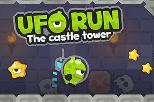 Tecknad grön UFO med ett öga svävar bland stjärnor och döskallar med texten UFO RUN The castle tower ovanför