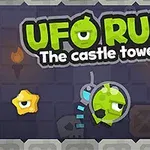 Tecknad grön UFO med ett öga svävar bland stjärnor och döskallar med texten UFO RUN The castle tower ovanför